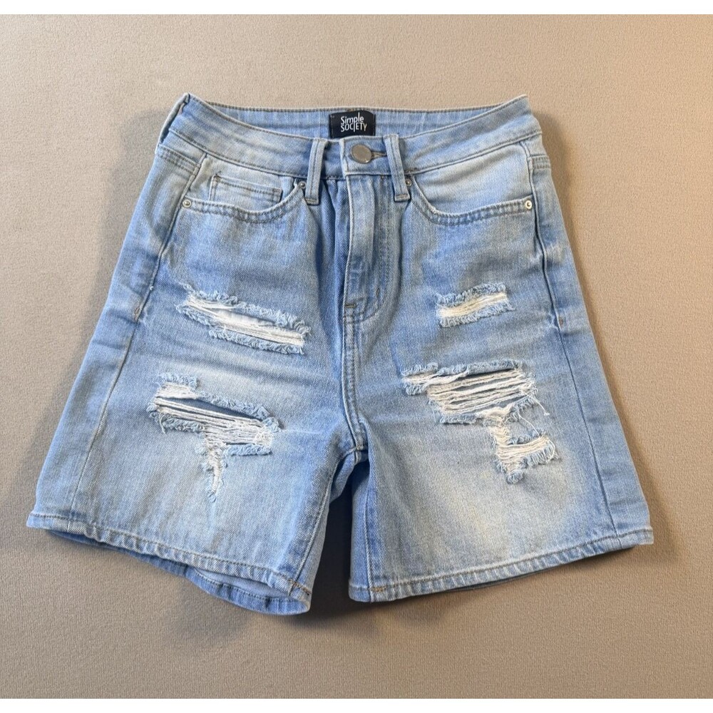 Simple Society Distressed High Rise Denim Shorts Medium Wash Blue Womens  0/24